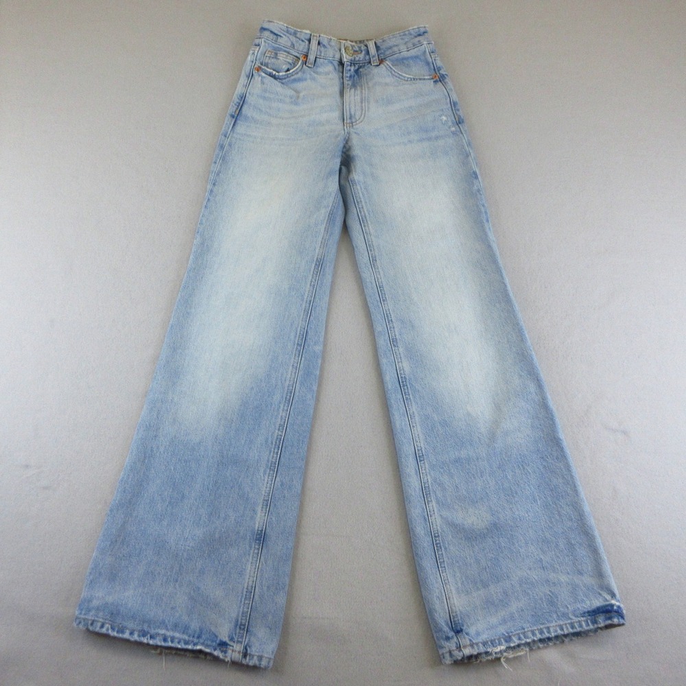 Zara Jeans Women Size 0 Light Blue Denim Wide Leg Distressed High Rise